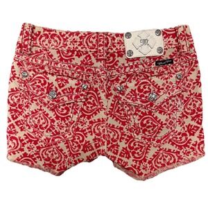 Miss Me Cargo Shorts Poppy Red Paisley Flap Pocket Bling Denim Size 26